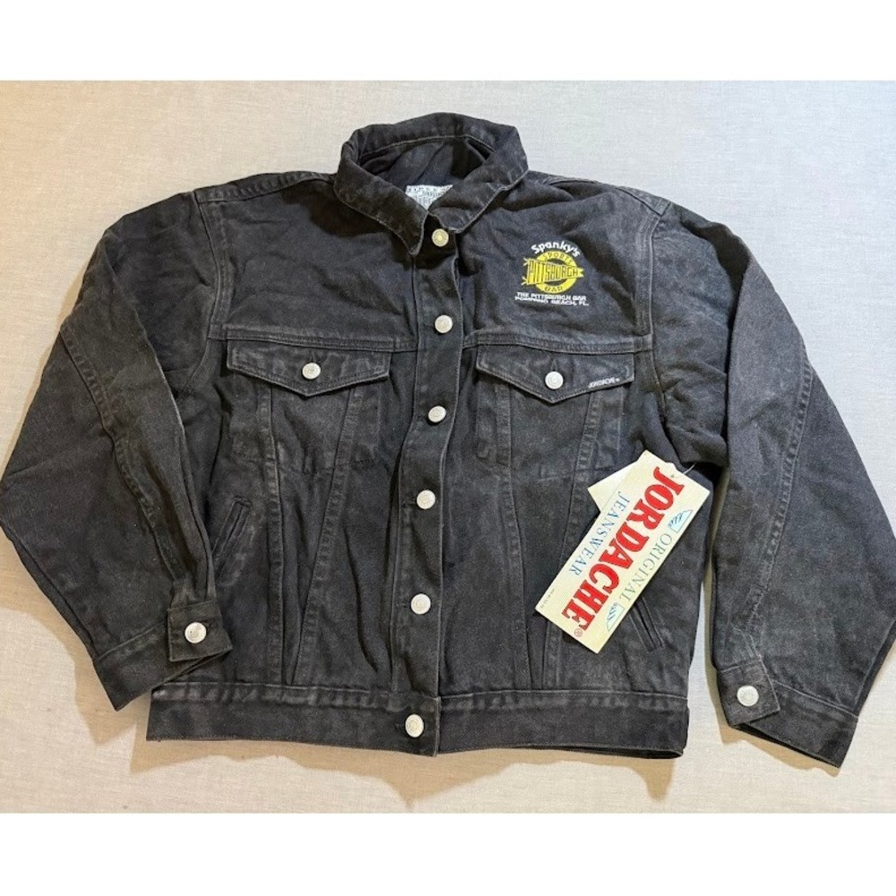 Vintage Jordache Black Denim Jacket Spankys Pittsburgh Bar Embroidered Womens M